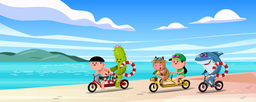 Cactus, cow, shark and human friend ride a bicycles