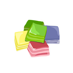 Colorful Khanom Chan, ancient Thai khanom,Thai Layered Dessert Recipe, traditional Thai steam dessert on banana leaf, snack. Close up vector drawing Khanom Chan on white background. Asian street food