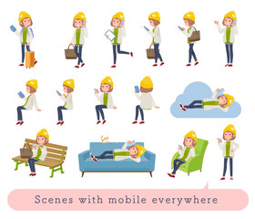 色々なシーンでスマホを使うカジュアルファッション女性のセット