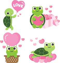 Valentine's day collection with cute  turtle and love elements.  Png clipart isolated on transparent background