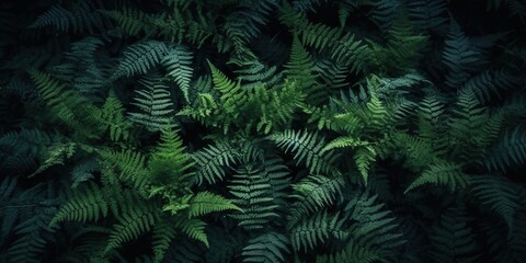 Naklejka na ściany i meble Fern leaves noise texture background, fern growing in dark forest, overhead view, moody natural plants background