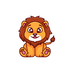 Cute lion sitting with bushy hair on white background