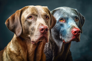 Portrait of two dogs, closeup, isolated on dark background. animals friendship. generative AI
