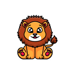 Cute lion sitting with bushy hair on white background