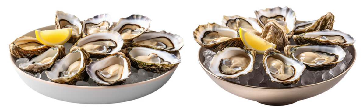 Two different bowls with fresh open oysters on ice and a slice of lemon on a transparent background, Generative AI