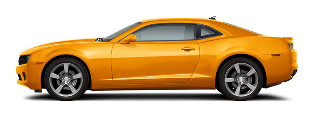 Modern powerful american muscle car in yellow color. Side view on a transparent background, in PNG format.
