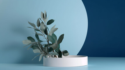 Abstract empty white podium with eucalyptus leaves Generative AI