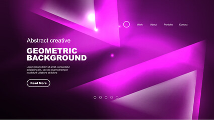 Abstract background landing page, glass geometric shapes with glowing neon light reflections, energy effect concept on glossy forms