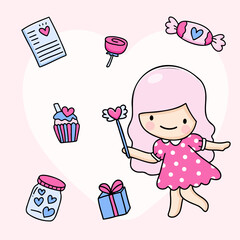 Cute Girl and accessories drawing cartoon style, young couple for Valentine's card with text