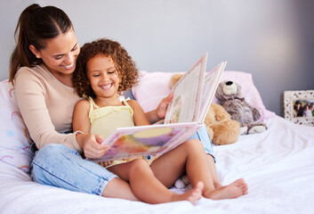 Smile, book and mother with daughter in bedroom for storytelling, fantasy or creative. Education,...