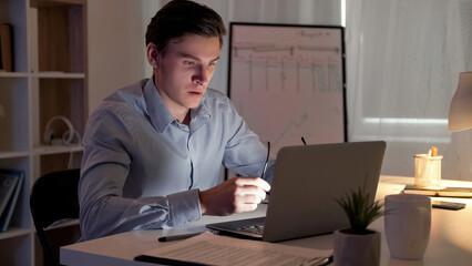 Fototapeta premium Late work. Shocked man. Computer technology. Concentrated guy working laptop in light shadow room interior.