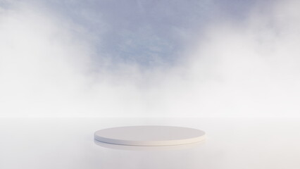 Natural podium backdrop in clouds for product display, background with blue sky. 3d render