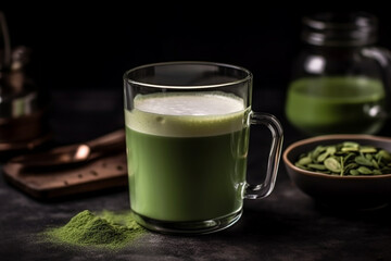 Cooked matcha latte in a coffee shop, Generative AI