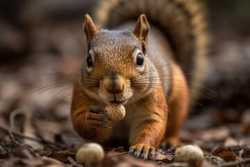 Naklejka na ściany i meble a squirrel holding a nut up close, Generative AI