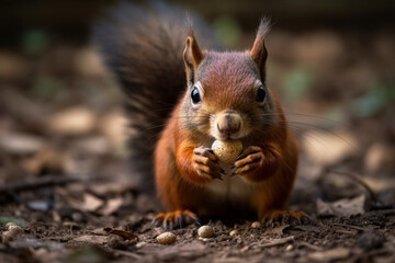 Obraz premium a squirrel holding a nut up close, Generative AI