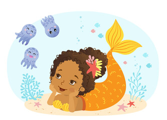 Naklejka premium Vector illustration of Beautiful Girl Mermaid african american ethnicity