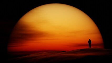 Lonely astronaut looks at sunset on deserted planet. Contrasting Martian Landscape. Cosmonaut on background of large yellow red orange sun on the horizon. 3d render © angel_nt