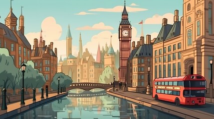 Background London. Eye-catching banner design featuring an illustrated representation of London's famous landmark, Big Ben. Generative AI. - obrazy, fototapety, plakaty