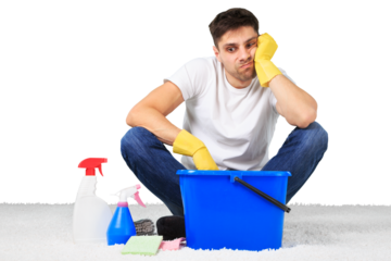 Man husband cleaning the house with a bucket