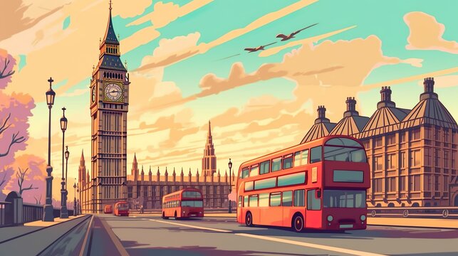 Background London. Artistic illustration showcasing the grandeur and beauty of Big Ben in the heart of London. Generative AI.