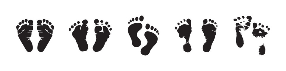 Fototapeta na wymiar Traces of a human silhouette, vector set, isolated on a white background. Stamp on the sole of the shoe. Protector with foot print, shoes, sneakers. Barefoot impression icon. Vector Graphic. EPS 10