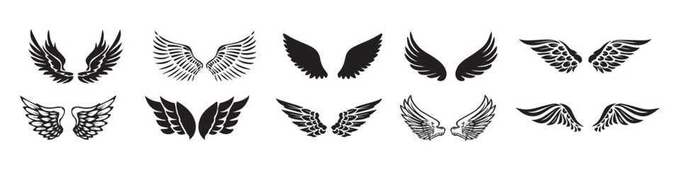 Black wings icon set. Wings icons. Collection badges of wings. Vector illustration. Vector Graphic. EPS 10	