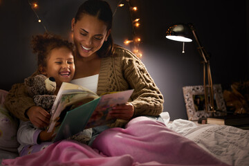 Night, book and mother with daughter in bedroom for storytelling, fantasy and creative. Education,...