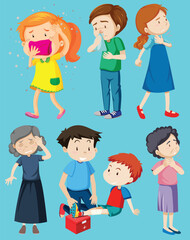Set of sick people with different symptoms vectors