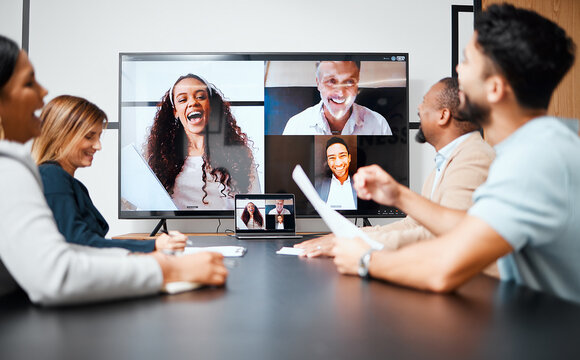 Video call, meeting and planning with a business team in the boardroom for a virtual conference or workshop. Management, webinar and strategy with a group of corporate colleagues in an office at work