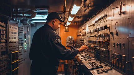 Fototapeta na wymiar Portrait of a security guard in a control room of a ship. Generative AI.