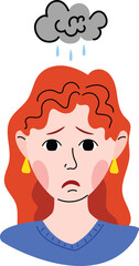 Mental health. Sad woman with cloud above her head. Flat style. Mental health awareness. 