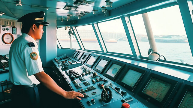 Asian pilot on the control panel of a ship in the sea. Generative AI.
