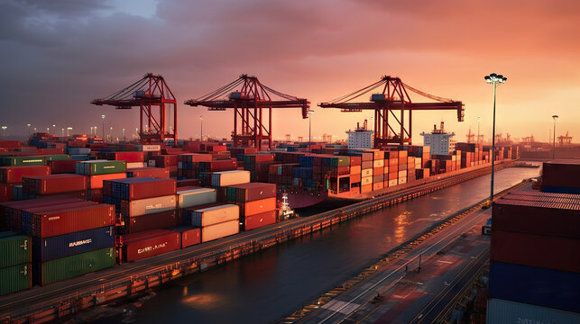 Container terminal and freight ship with containers at sunset, Hamburg, Germany. Generative AI.