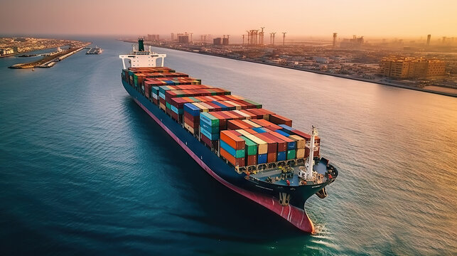 Aerial view of container ship and cargo port in Dubai, United Arab Emirates. Generative AI.