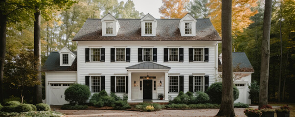 Fototapeta na wymiar Colonial style American house. American classic home and house designs. Hand edited generative AI.