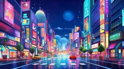 Background Tokyo crossing shibuya. An illustration capturing the energy of Tokyo's bustling neon-lit crossing, presented in a dynamic banner design with an abstract background. Generative AI.