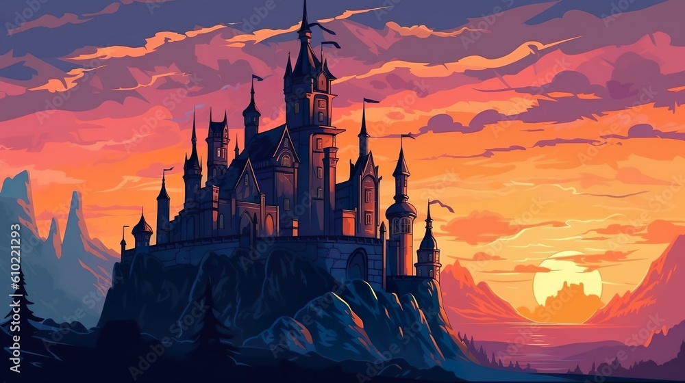 Poster abstract background old castle. an enchanting banner design featuring an illustration of an old cast