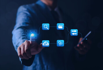 Business analytics work on computer data management systems to generate reports with KPIs and databases on financial organizational strategies, operations, sales, marketing.