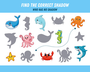 Find correct shadow of sea animals. Shark, crab, octopus,sea horse, starfish, whale, dolphin. Educational logical game for kids. Cartoon animals. Vector