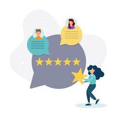 Feedback and review concept. A character who gives positive feedback to the support team. Rating scale and customer satisfaction concept. Vector illustration.
