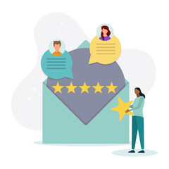Feedback and review concept. A character who gives positive feedback to the support team. Rating scale and customer satisfaction concept. Vector illustration.
