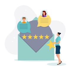 Feedback and review concept. A character who gives positive feedback to the support team. Rating scale and customer satisfaction concept. Vector illustration.
