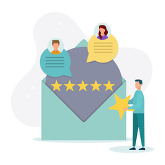 Feedback and review concept. A character who gives positive feedback to the support team. Rating scale and customer satisfaction concept. Vector illustration.
