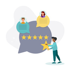 Feedback and review concept. A character who gives positive feedback to the support team. Rating scale and customer satisfaction concept. Vector illustration.
