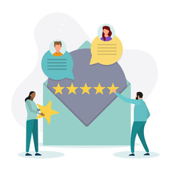 Feedback and review concept. Characters giving positive feedback to customer service. Rating scale and customer satisfaction concept. Vector illustration.
