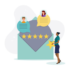 Feedback and review concept. A character who gives positive feedback to the support team. Rating scale and customer satisfaction concept. Vector illustration.
