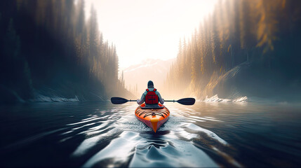 Focused person kayaking on open cold water of mountain river. Postproducted generative AI illustration. - obrazy, fototapety, plakaty