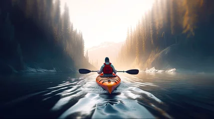 Foto op Canvas Focused person kayaking on open cold water of mountain river. Postproducted generative AI illustration. © LeArchitecto