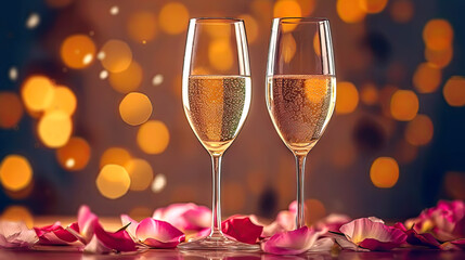 Two chilled glasses of champagne with romantic rose petals on table. Postproducted generative AI illustration.