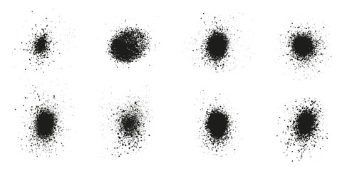 Spray, Spatter and Grunge Effect. Circle Dots, Grain Texture. Black Round Brush Splatter. Abstract Graphic Design Element. Distress Noise, Ink Splash. Isolated Vector Illustration